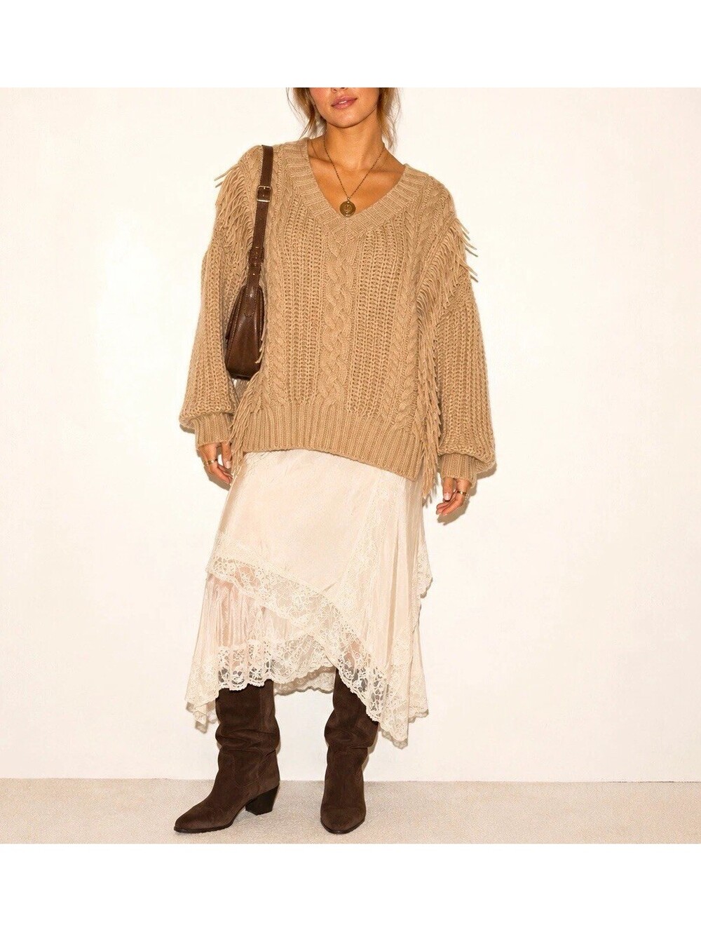 BIBI Beige Cable-Knit Fringe V-Neck Pullover Sweater Long Sleeve L